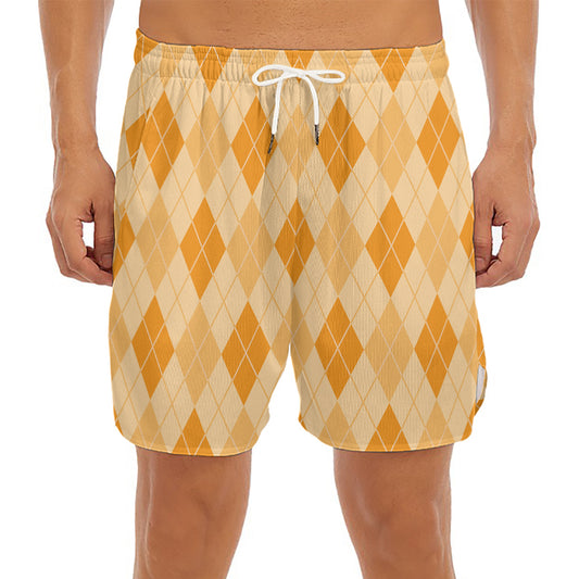 Orange Argyle Pattern Print Men's Split Running Shorts
