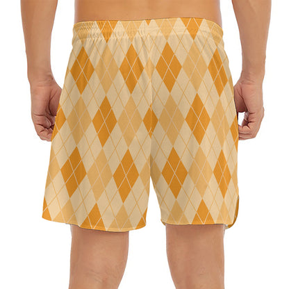 Orange Argyle Pattern Print Men's Split Running Shorts