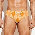 Orange Argyle Pattern Print Men's Swim Briefs