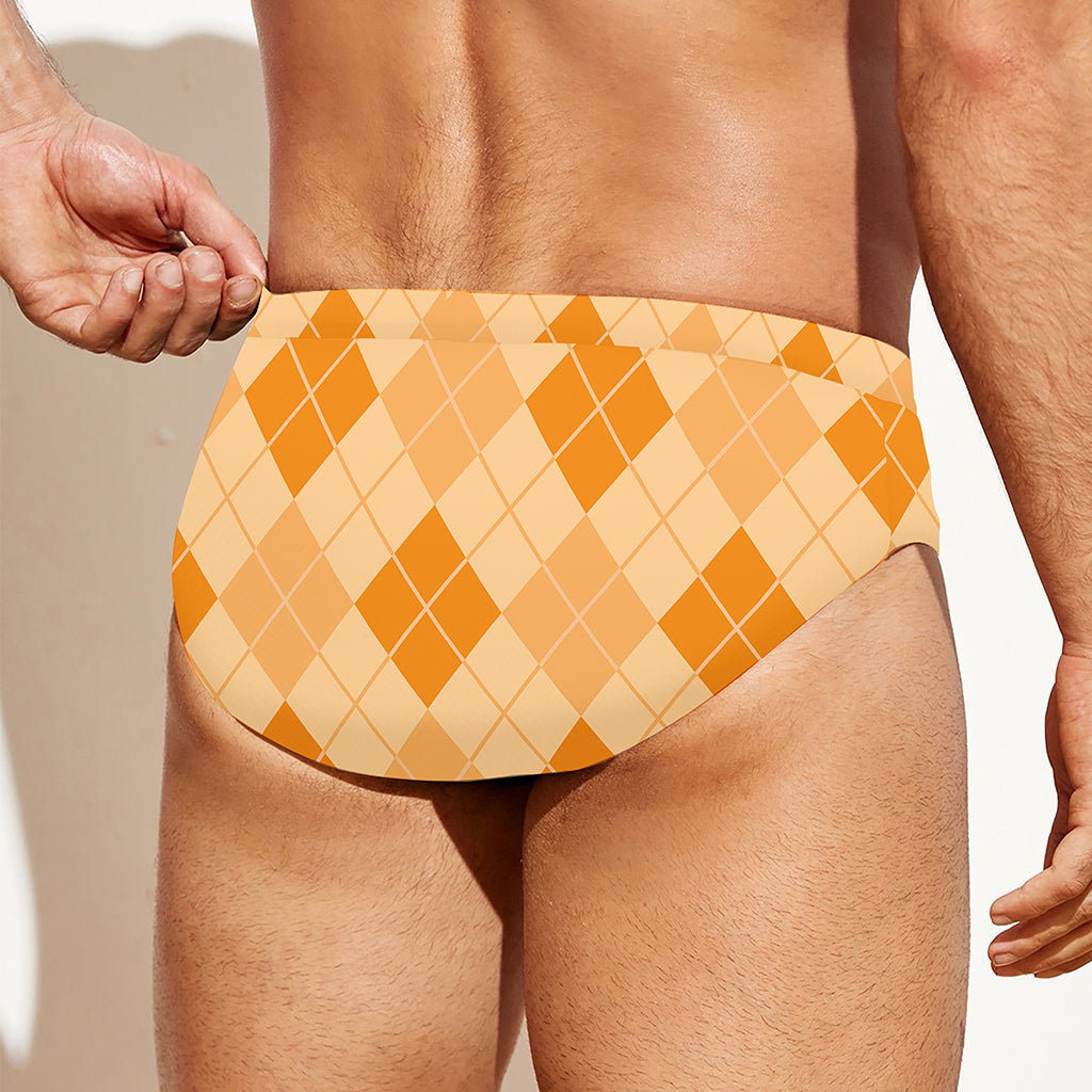 Orange Argyle Pattern Print Men's Swim Briefs