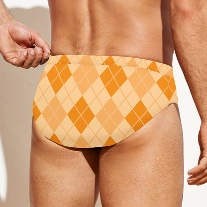Orange Argyle Pattern Print Men's Swim Briefs