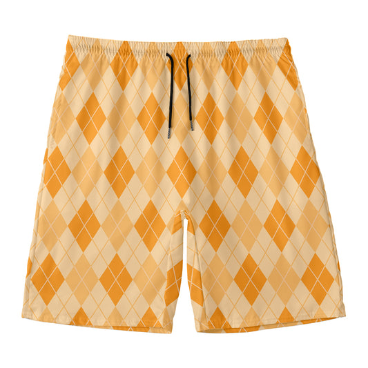 Orange Argyle Pattern Print Men's Swim Trunks