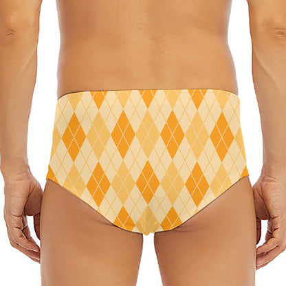 Orange Argyle Pattern Print Men's Triangle Swim Briefs