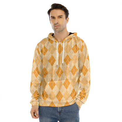 Orange Argyle Pattern Print Men's Velvet Pullover Hoodie