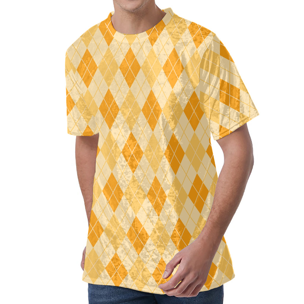 Orange Argyle Pattern Print Men's Velvet T-Shirt