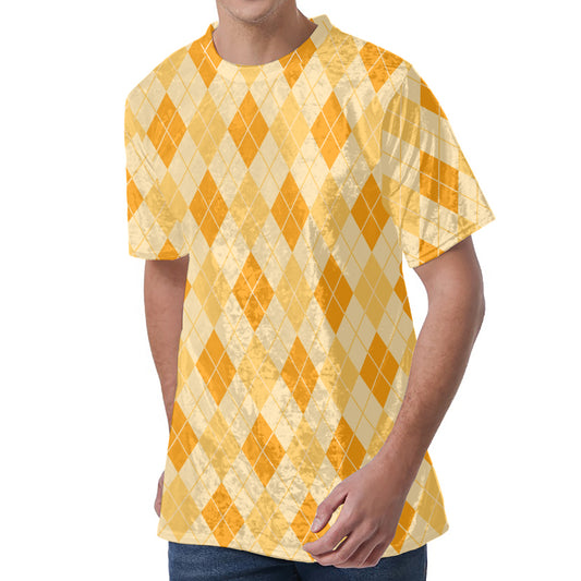 Orange Argyle Pattern Print Men's Velvet T-Shirt