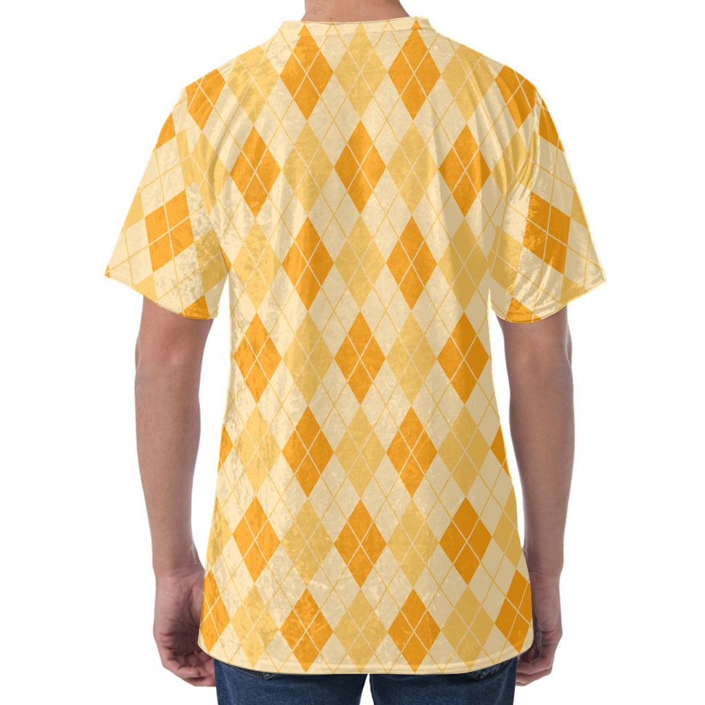 Orange Argyle Pattern Print Men's Velvet T-Shirt