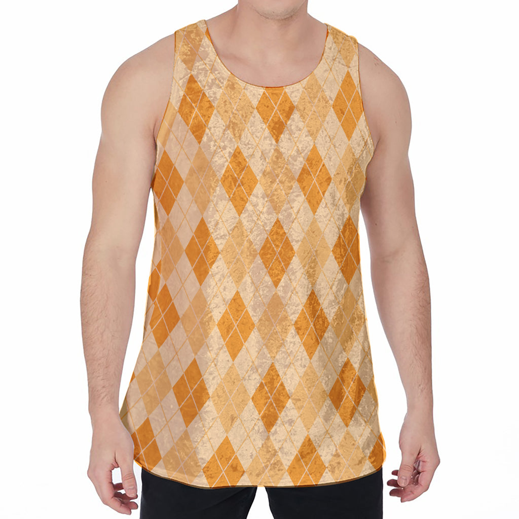 Orange Argyle Pattern Print Men's Velvet Tank Top