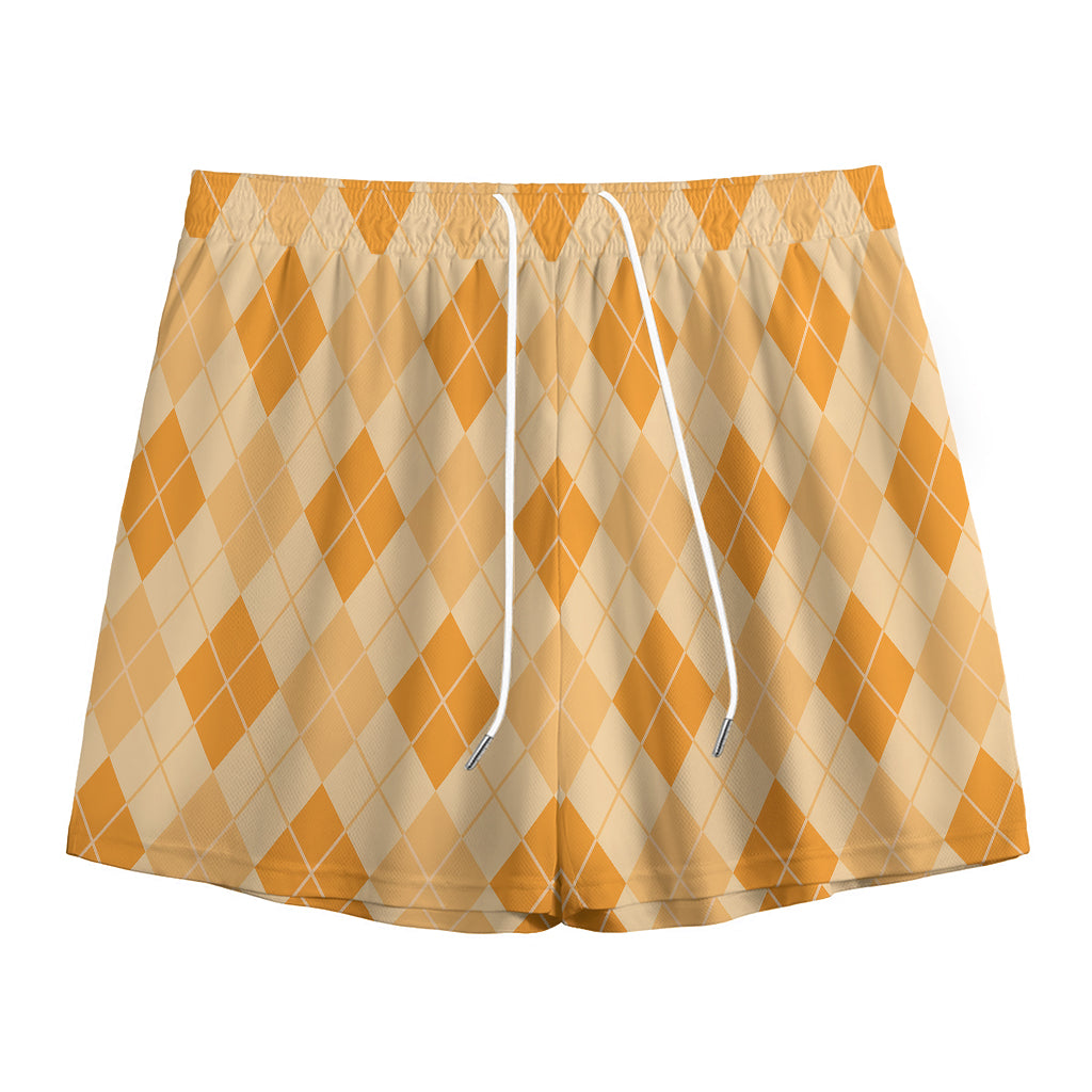 Orange Argyle Pattern Print Mesh Shorts