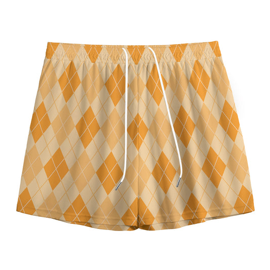 Orange Argyle Pattern Print Mesh Shorts