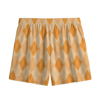 Orange Argyle Pattern Print Mesh Shorts