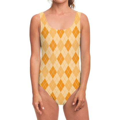 Orange Argyle Pattern Print One Piece Swimsuit