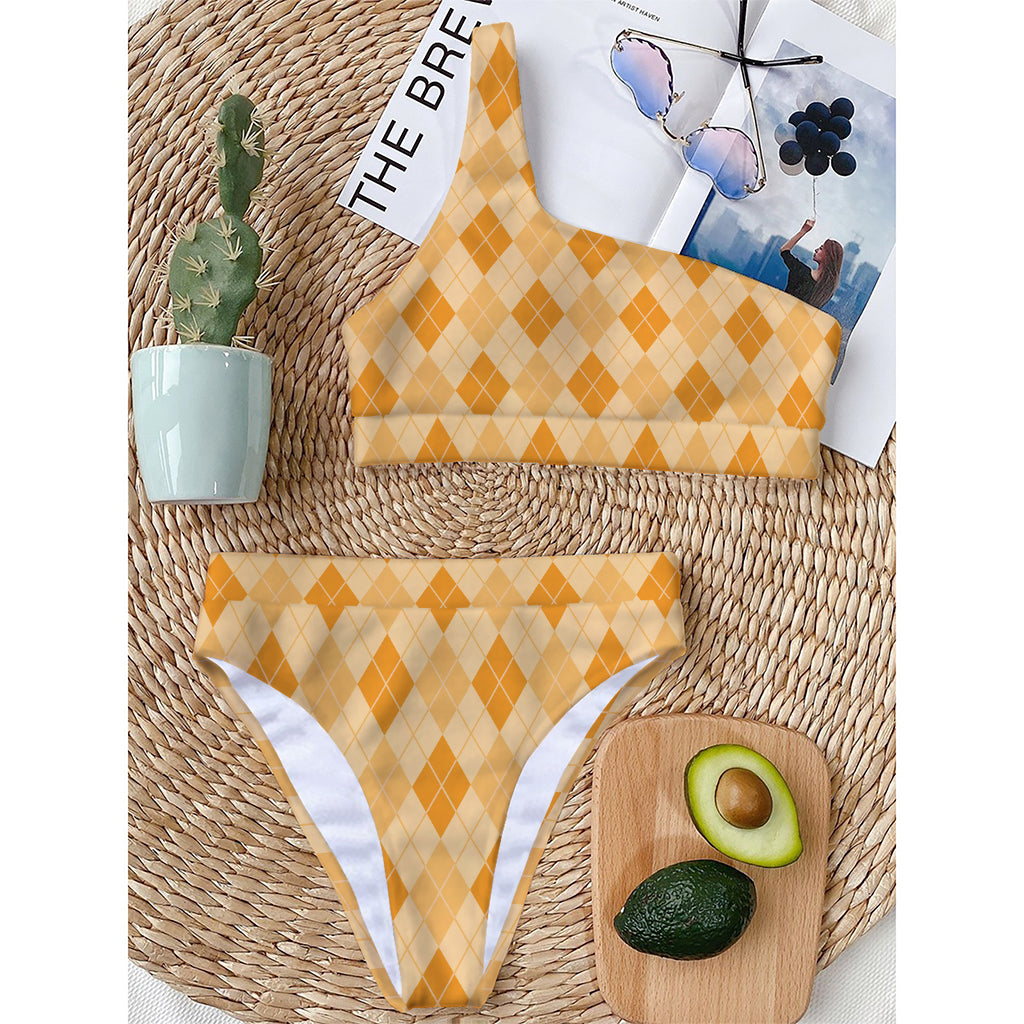 Orange Argyle Pattern Print One Shoulder Bikini Top