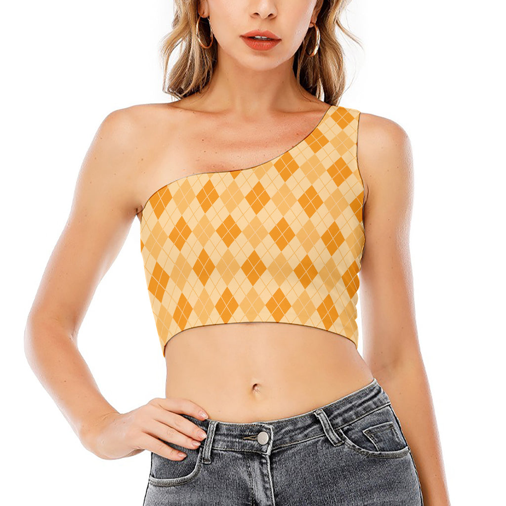 Orange Argyle Pattern Print One Shoulder Crop Top