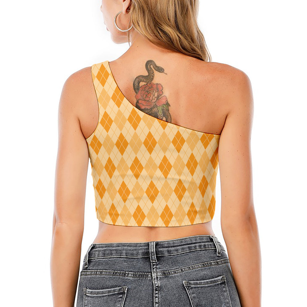 Orange Argyle Pattern Print One Shoulder Crop Top