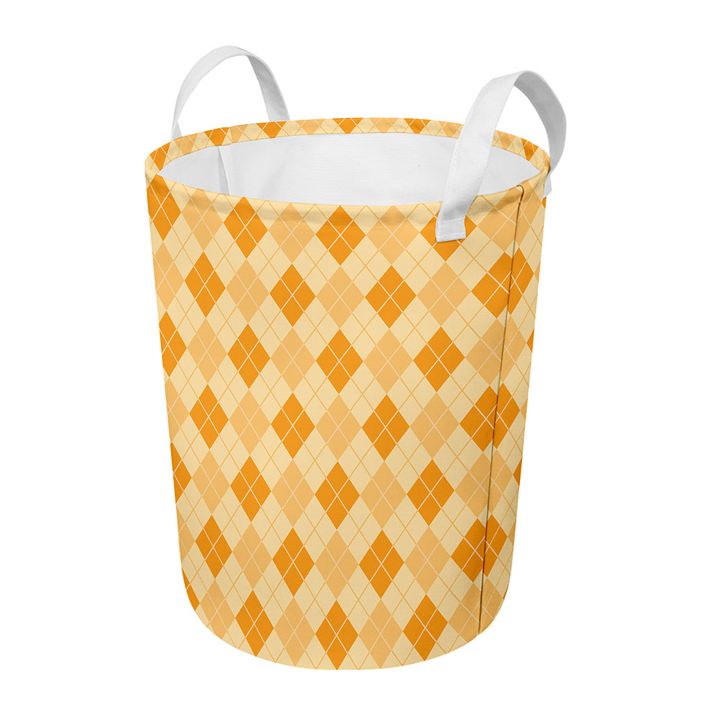 Orange Argyle Pattern Print Round Laundry Basket