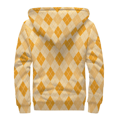 Orange Argyle Pattern Print Sherpa Lined Zip Up Hoodie