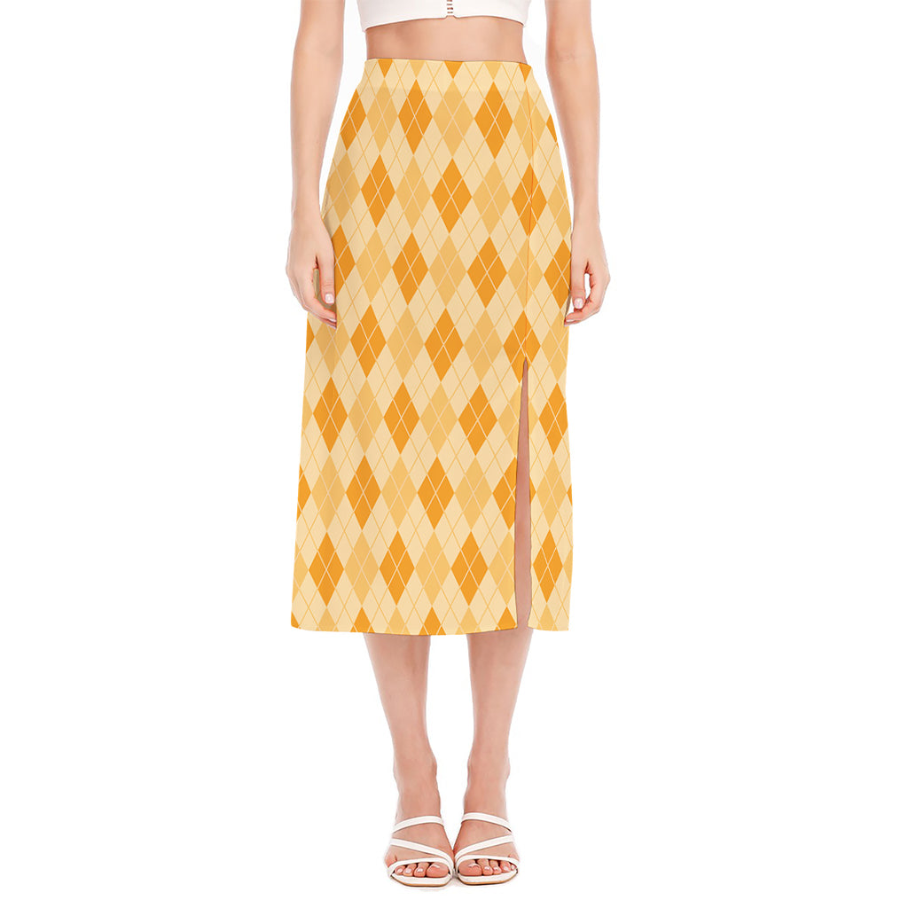 Orange Argyle Pattern Print Side Slit Midi Skirt