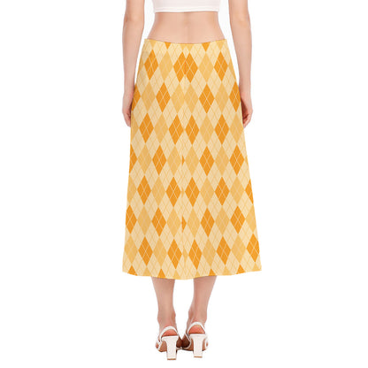 Orange Argyle Pattern Print Side Slit Midi Skirt