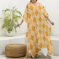 Orange Argyle Pattern Print Silk V-Neck Kaftan Dress