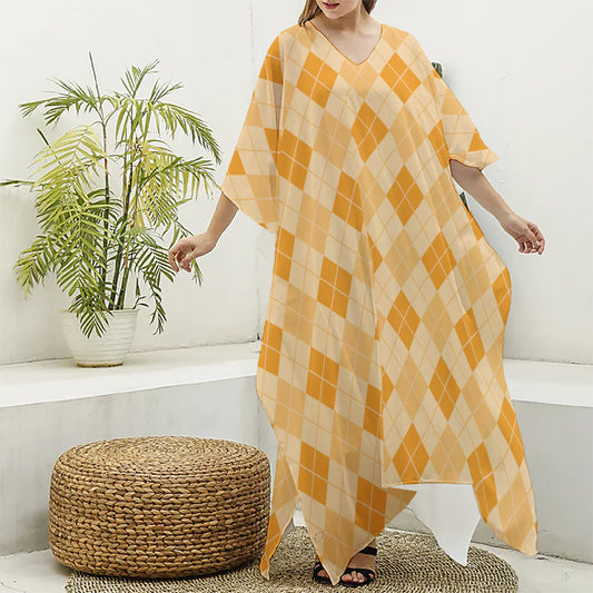Orange Argyle Pattern Print Silk V-Neck Kaftan Dress