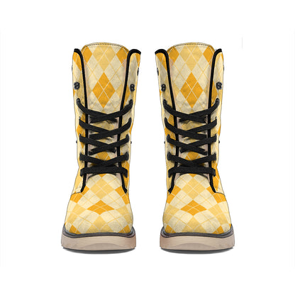 Orange Argyle Pattern Print Winter Boots