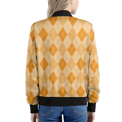 Orange Argyle Pattern Print Women's Bomber Jacket
