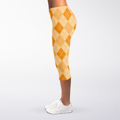 Orange Argyle Pattern Print Women's Capri Leggings