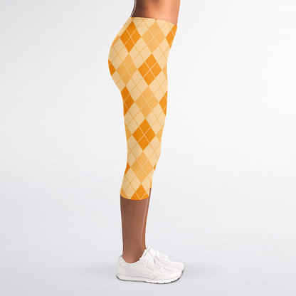 Orange Argyle Pattern Print Women's Capri Leggings