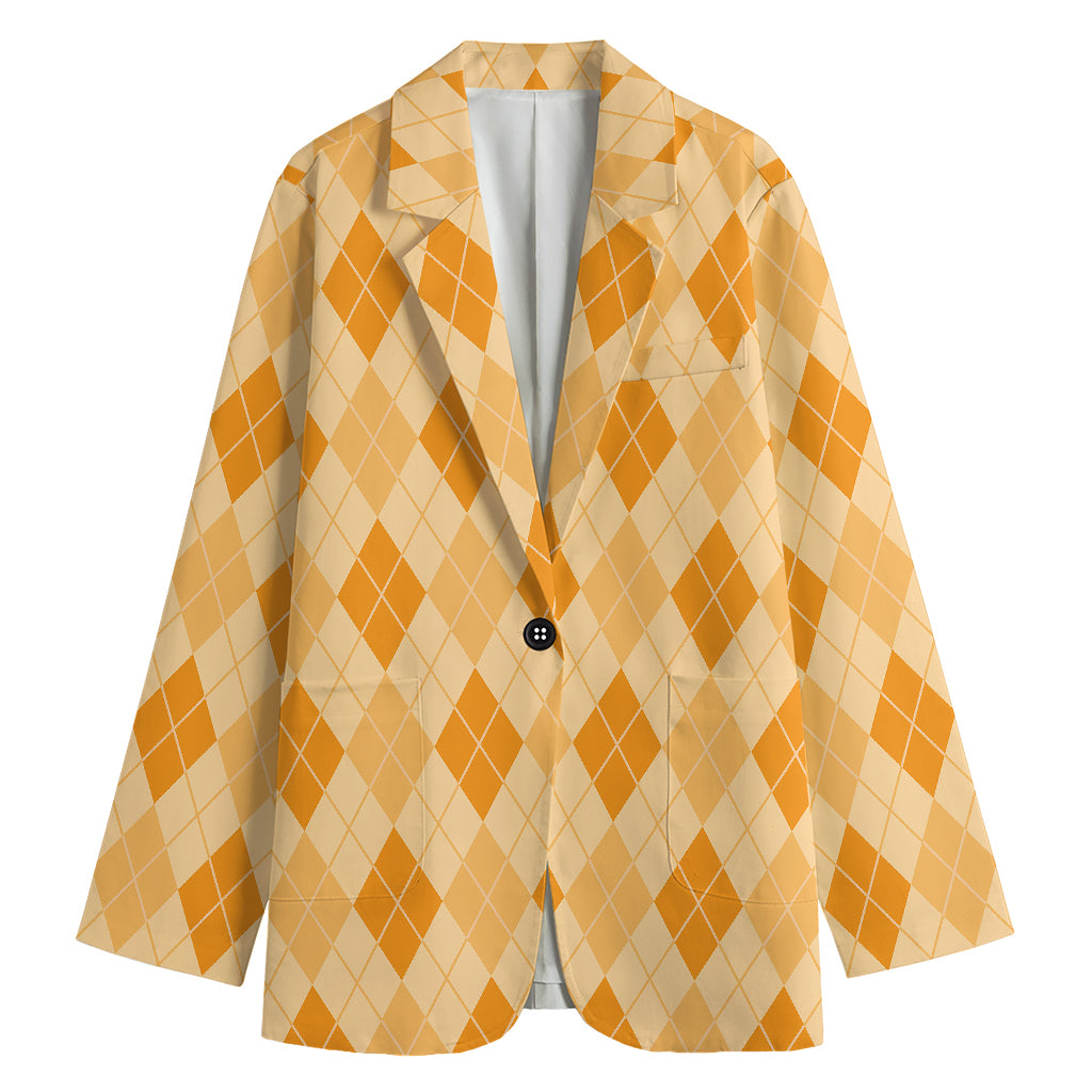 Orange Argyle Pattern Print Women's Cotton Blazer