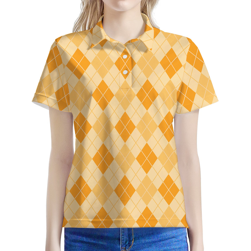 Orange Argyle Pattern Print Women's Polo Shirt
