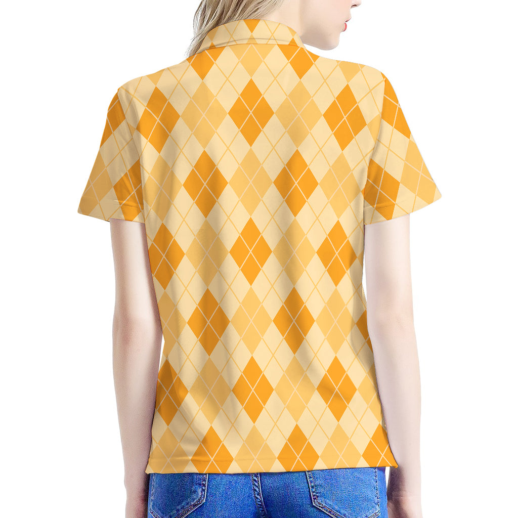 Orange Argyle Pattern Print Women's Polo Shirt