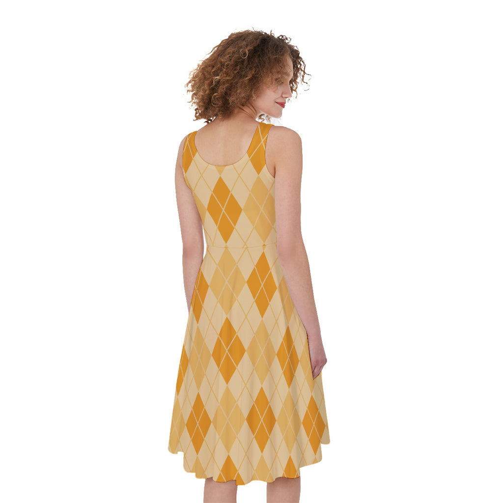 Orange Argyle Pattern Print Women's Sleeveless Dress
