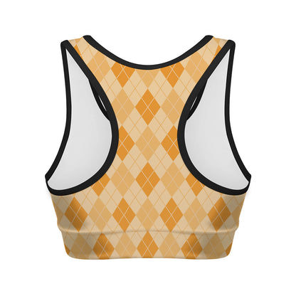 Orange Argyle Pattern Print Women's Sports Bra