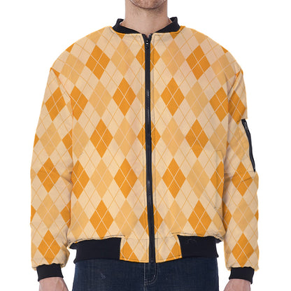 Orange Argyle Pattern Print Zip Sleeve Bomber Jacket