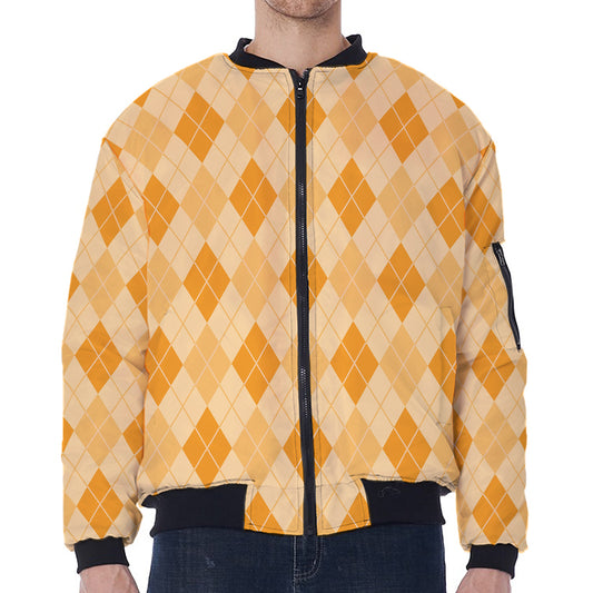Orange Argyle Pattern Print Zip Sleeve Bomber Jacket