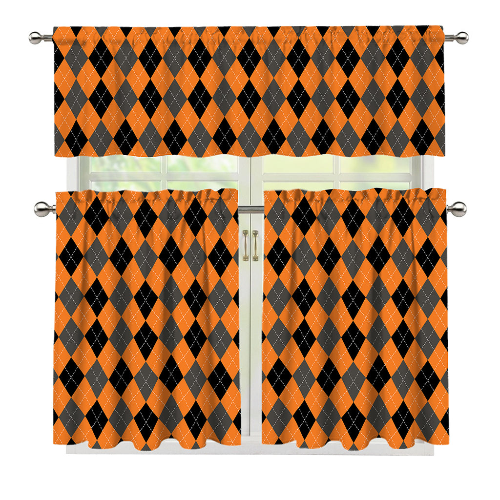 Orange Black And Grey Argyle Print 3 Piece Kitchen Curtains