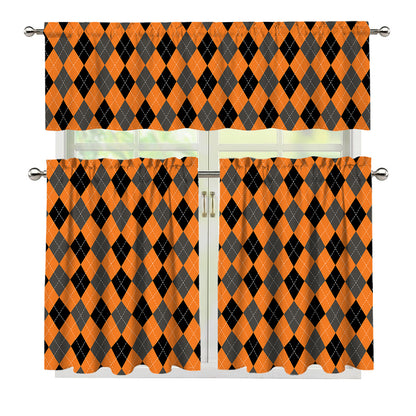 Orange Black And Grey Argyle Print 3 Piece Kitchen Curtains