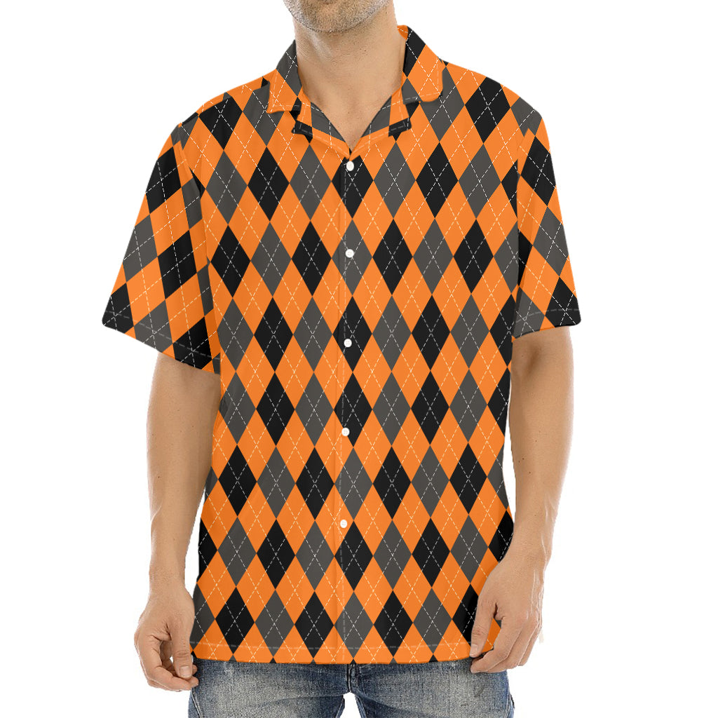 Orange Black And Grey Argyle Print Aloha Shirt