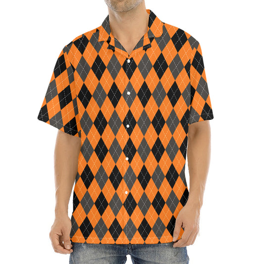 Orange Black And Grey Argyle Print Aloha Shirt