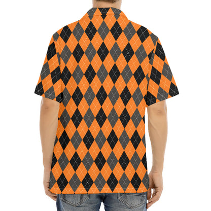 Orange Black And Grey Argyle Print Aloha Shirt
