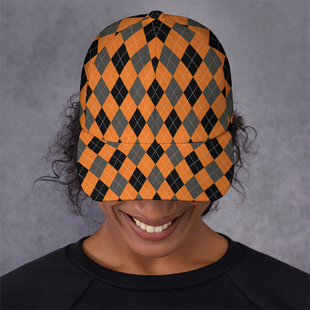 Orange Black And Grey Argyle Print Baseball Cap