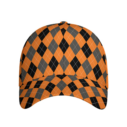 Orange Black And Grey Argyle Print Baseball Cap