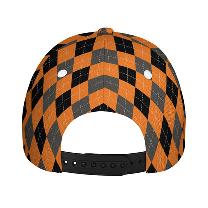 Orange Black And Grey Argyle Print Baseball Cap