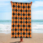 Orange Black And Grey Argyle Print Beach Towel