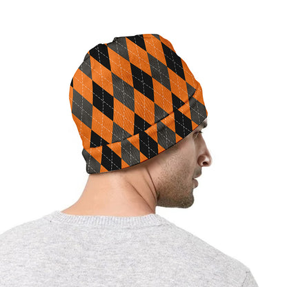 Orange Black And Grey Argyle Print Beanie