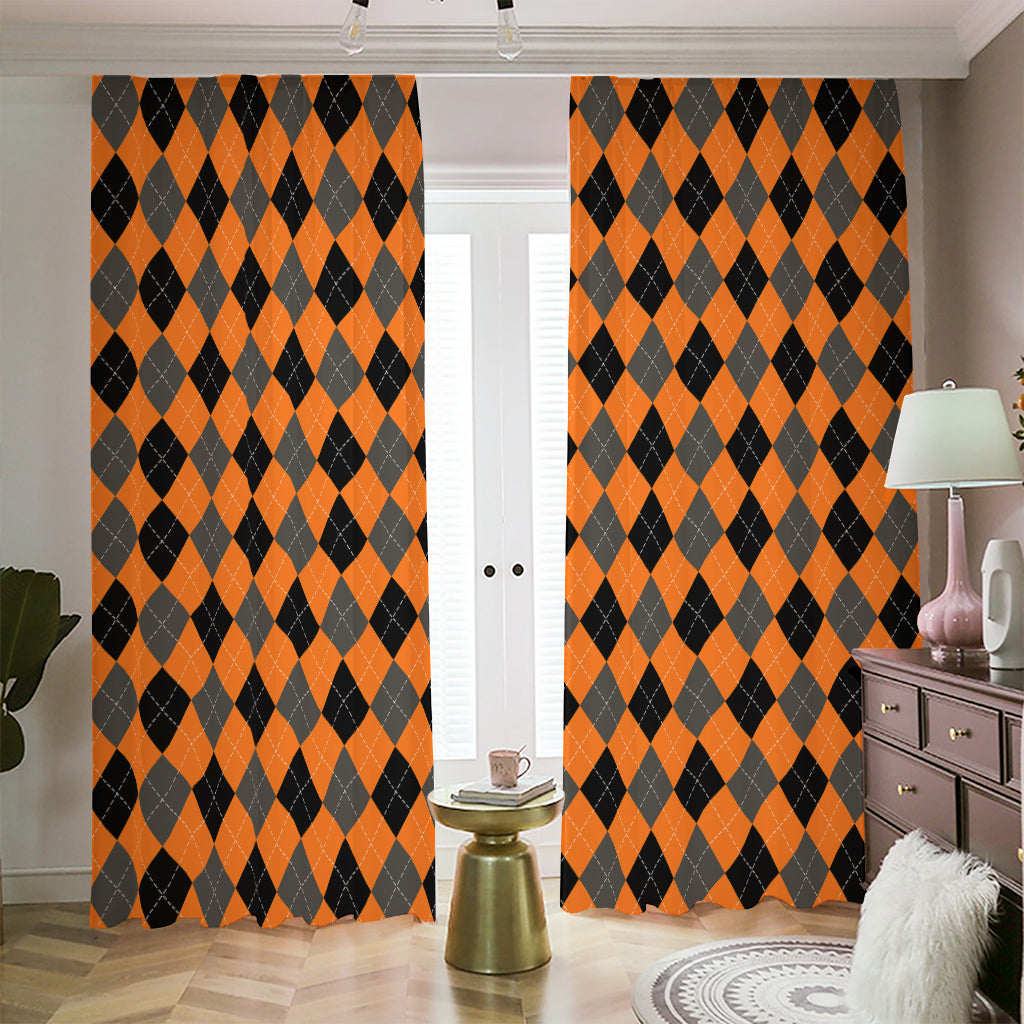 Orange Black And Grey Argyle Print Blackout Pencil Pleat Curtains