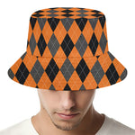 Orange Black And Grey Argyle Print Bucket Hat