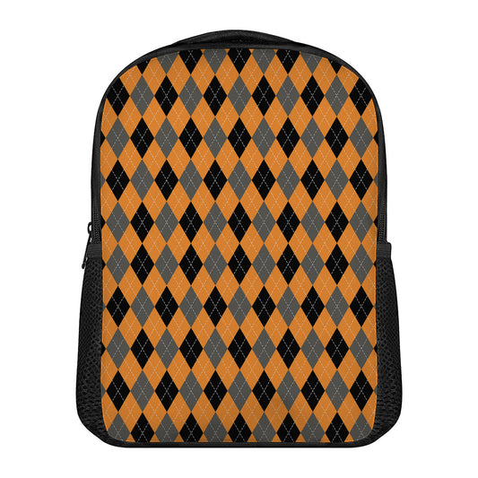 Orange Black And Grey Argyle Print Casual Backpack