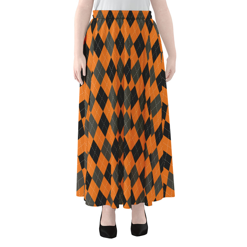 Orange Black And Grey Argyle Print Chiffon Maxi Skirt